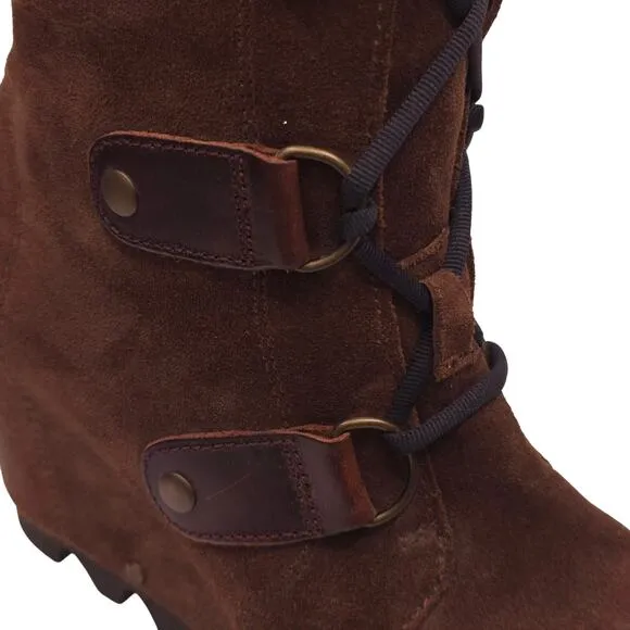 SOREL Joan Of Artic Lace Up Waterproof Leather Tall Wedge Boots Brown Sz 7
