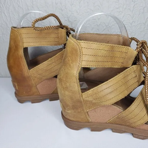 Sorel Joanie II Tan Leather Lace Up Gladiator Wedge Sandals Womens Size 8