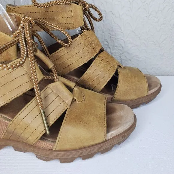 Sorel Joanie II Tan Leather Lace Up Gladiator Wedge Sandals Womens Size 8
