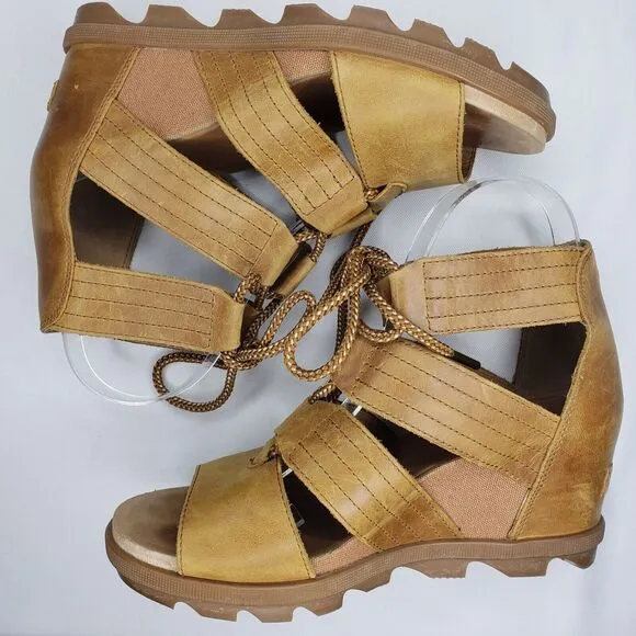 Sorel Joanie II Tan Leather Lace Up Gladiator Wedge Sandals Womens Size 8
