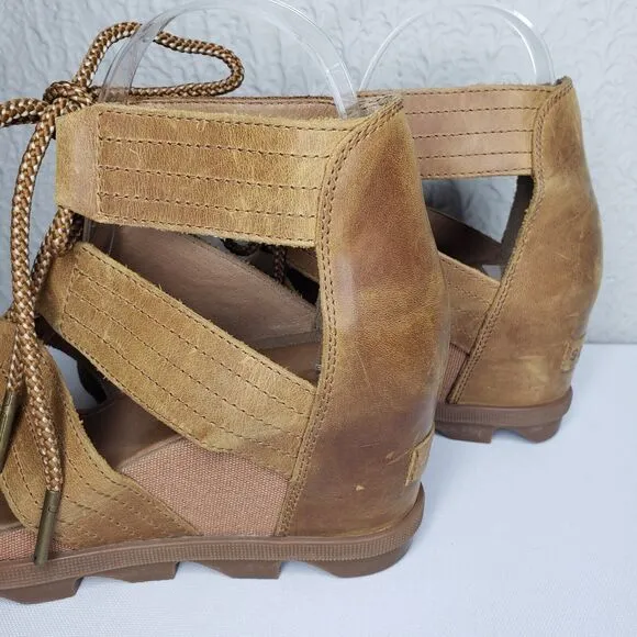 Sorel Joanie II Tan Leather Lace Up Gladiator Wedge Sandals Womens Size 8