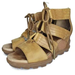 Sorel Joanie II Tan Leather Lace Up Gladiator Wedge Sandals Womens Size 8