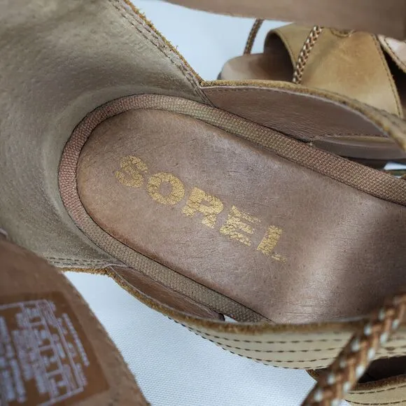 Sorel Joanie II Tan Leather Lace Up Gladiator Wedge Sandals Womens Size 8