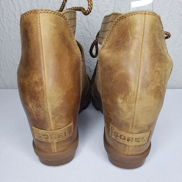 Sorel Joanie II Tan Leather Lace Up Gladiator Wedge Sandals Womens Size 8