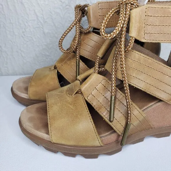 Sorel Joanie II Tan Leather Lace Up Gladiator Wedge Sandals Womens Size 8