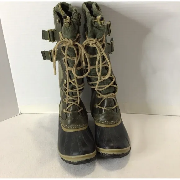 Sorel NL2273-213 Waterproof Tall Conquest CarlyLeather Olive Green Women’s Sz 9