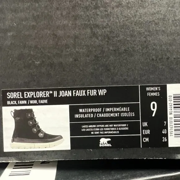Sorel Women's Explorer II Joan Faux Fur Waterproof Boots Black, Size 9M