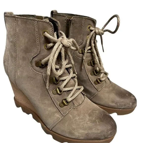 SOREL Women's Joan Uptown Lace Bootie — Waterproof Leather Wedge Boots Khaki 9