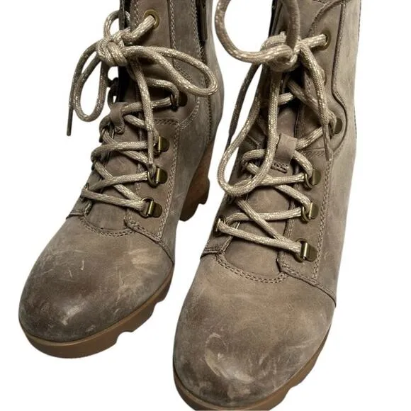 SOREL Women's Joan Uptown Lace Bootie — Waterproof Leather Wedge Boots Khaki 9