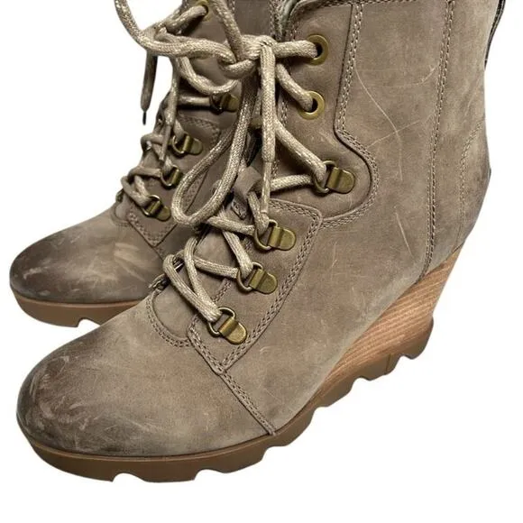 SOREL Women's Joan Uptown Lace Bootie — Waterproof Leather Wedge Boots Khaki 9