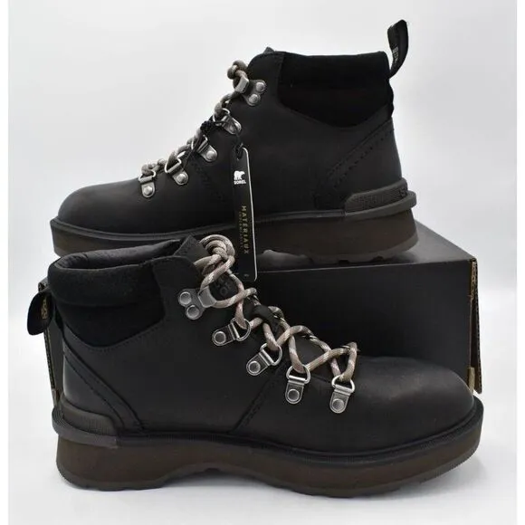 Sorel Womens Size 7.5 Hi Line Hiker Jet Black Waterproof Leather Lace Up Boots