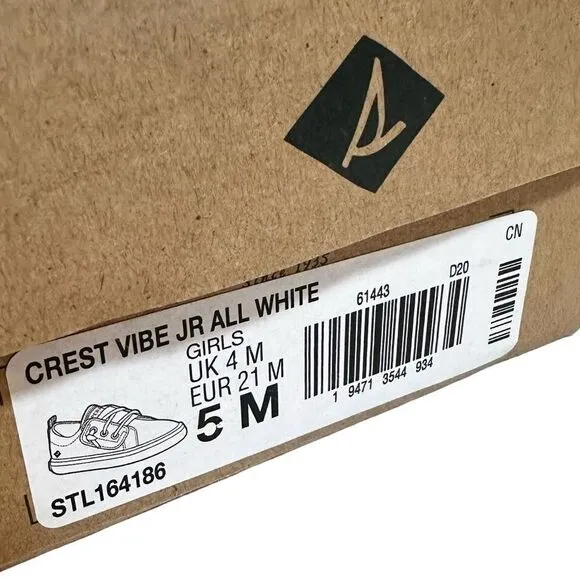 Sperry Crest Vibe‎ Jr Leather Sneaker Girl's Size 5M All White Shoes