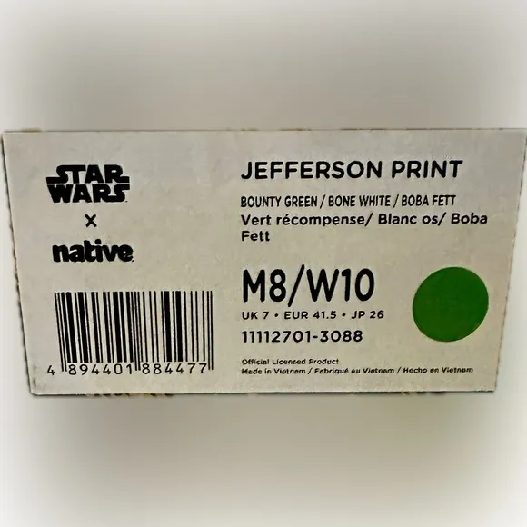 STAR WARS X NATIVE UNISEX BOUNTY GREEN BONE WHITE M8/W10 SHOES COMFORT SLIP ON
