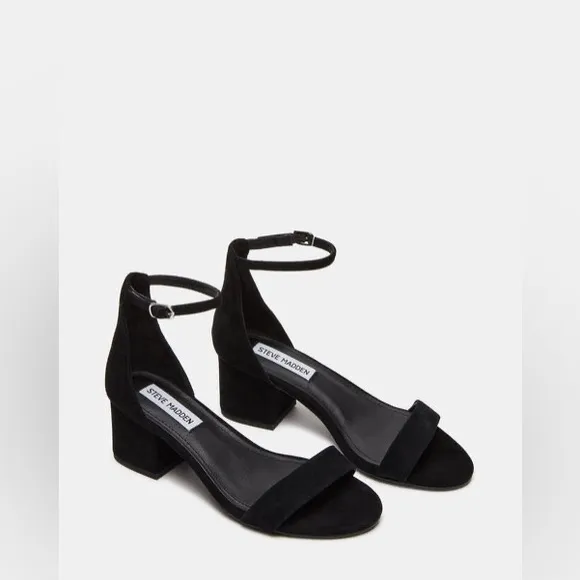 STEVE MADDEN IRENEEW Black Suede Block Strappy Kitten Heels Leather Shoes Sz 9