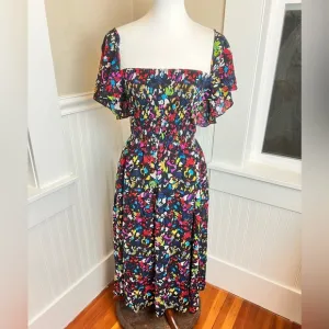 Tanya Taylor Silk Midi Dress Sz med Black Rainbow Confetti Print
