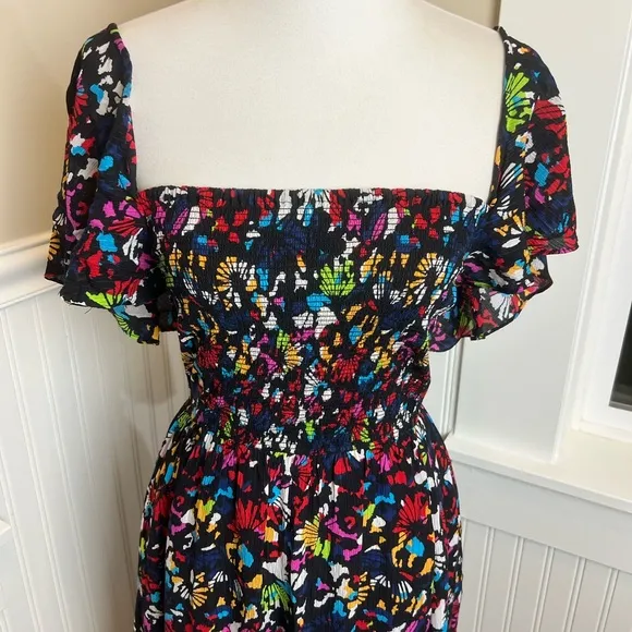 Tanya Taylor Silk Midi Dress Sz med Black Rainbow Confetti Print