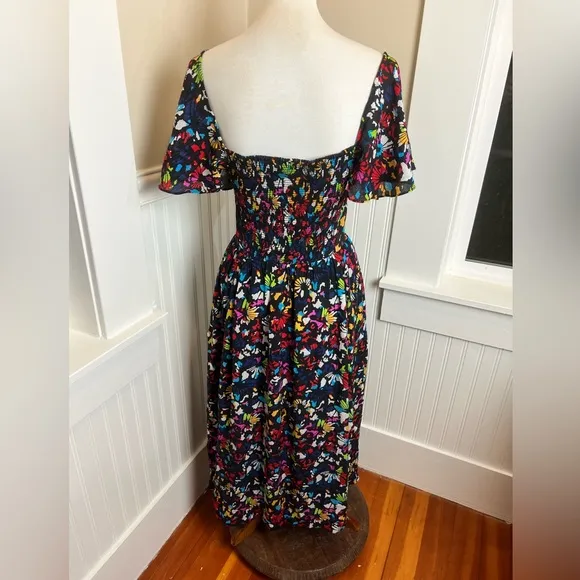 Tanya Taylor Silk Midi Dress Sz med Black Rainbow Confetti Print