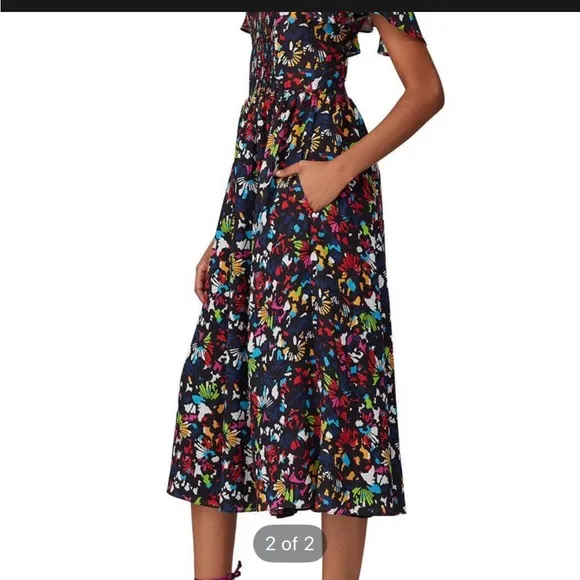 Tanya Taylor Silk Midi Dress Sz med Black Rainbow Confetti Print