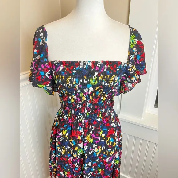 Tanya Taylor Silk Midi Dress Sz med Black Rainbow Confetti Print