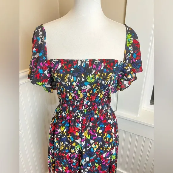 Tanya Taylor Silk Midi Dress Sz XS (fits med) Black Rainbow Confetti Print