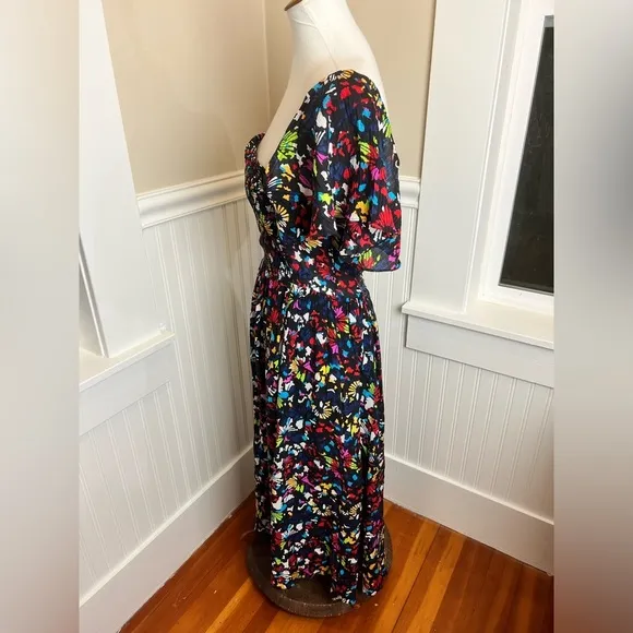 Tanya Taylor Silk Midi Dress Sz XS (fits med) Black Rainbow Confetti Print
