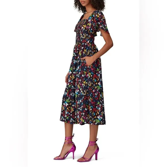 Tanya Taylor Silk Midi Dress Sz XS (fits med) Black Rainbow Confetti Print
