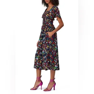 Tanya Taylor Silk Midi Dress Sz XS (fits med) Black Rainbow Confetti Print