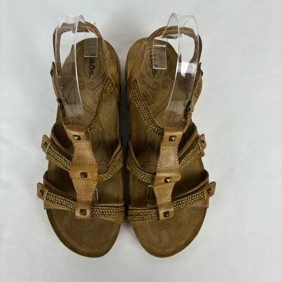 Taos Leather Wedge Sandals Strappy Velcro Comfort Cork Sandal Camel Size 9-9.5