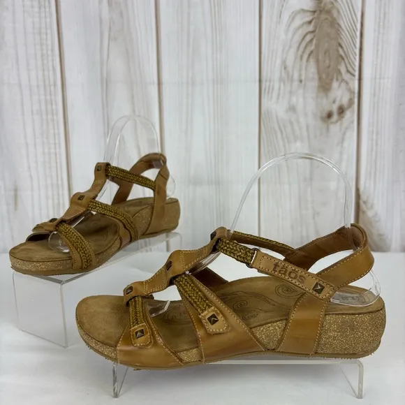Taos Leather Wedge Sandals Strappy Velcro Comfort Cork Sandal Camel Size 9-9.5