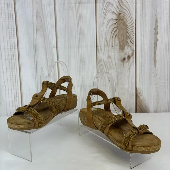 Taos Leather Wedge Sandals Strappy Velcro Comfort Cork Sandal Camel Size 9-9.5