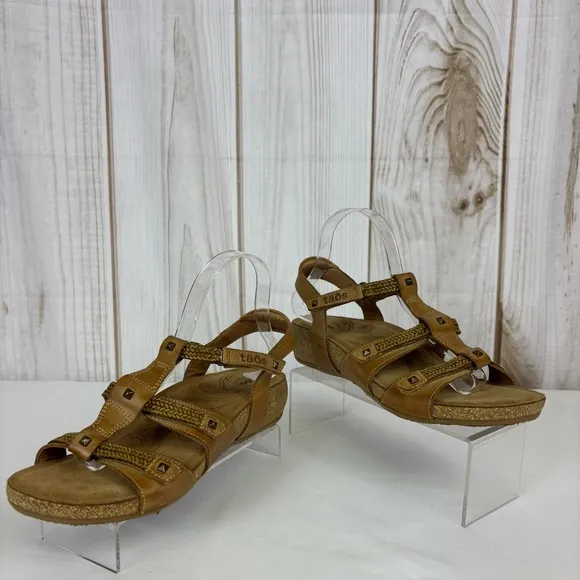Taos Leather Wedge Sandals Strappy Velcro Comfort Cork Sandal Camel Size 9-9.5
