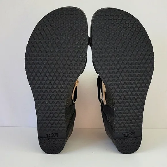 Teva Ysidro Leather Strappy Wedge Sandals Black Size 7.5
