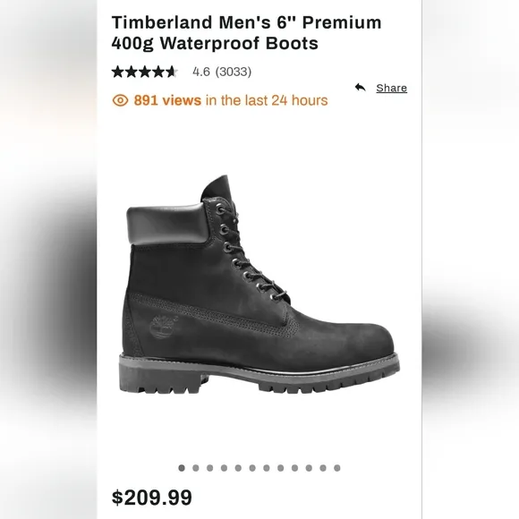 Timberland Mens 8 Premium Black Nubuck 6 Inch Boots 400 gram Waterproof 10073