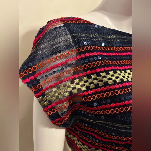 TRINA TURK SZ 0 COLORFUL RETRO EMROIDERED SEQUINED DRESS BOHO CHIC PARTY SUMMER