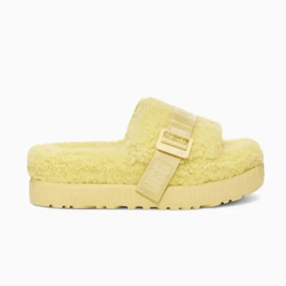 UGG 9 Butter Yellow Fluffita Fuzzy Outdoor Slide Sandals Platform Sole