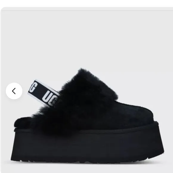 UGG BLACK FUNKETTE FLUFF SLIDE SLIPPER PLATFORM SANDALS, WOMEN US 8/ EUR 39