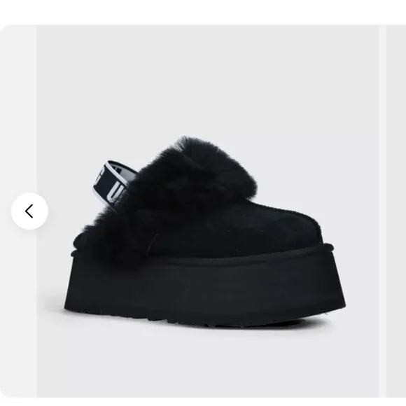 UGG BLACK FUNKETTE FLUFF SLIDE SLIPPER PLATFORM SANDALS, WOMEN US 8/ EUR 39