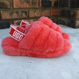 UGG CORAL ORANGE RED FLUFF YEAH SLIDE SANDALS SHOES SIZE 7 NEW