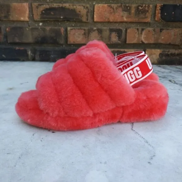 UGG CORAL ORANGE RED FLUFF YEAH SLIDE SANDALS SHOES SIZE 7 NEW