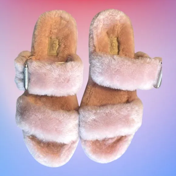UGG Fuzz Yeah Shearling Pink Buckle Slides Sandals Size 9‎ Indoor or Outdoor EUC