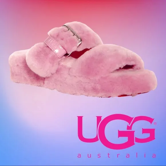 UGG Fuzz Yeah Shearling Pink Buckle Slides Sandals Size 9‎ Indoor or Outdoor EUC