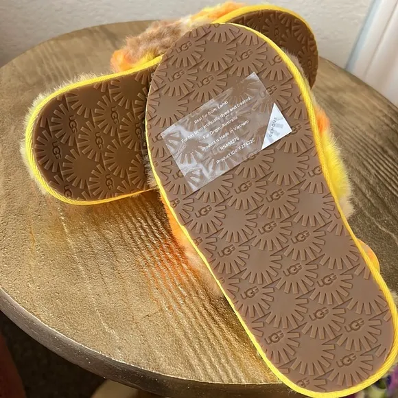 UGG Kids Fluff Yeah canary yellow plaid punk slip on slide sandals. Size 11