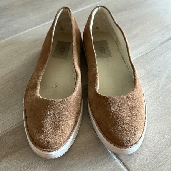 Ugg tan suede slip ons shoes with sneaker sole in great condition