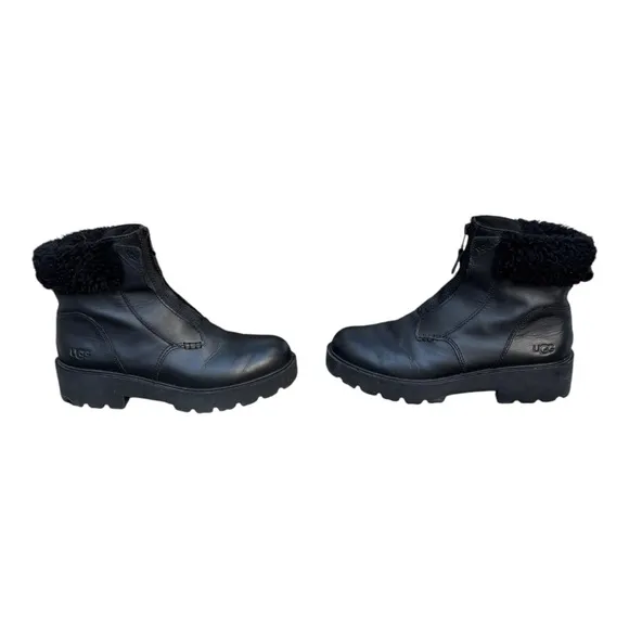 UGG Women’s 9 Czeriesa Black Leather Fur Trim Waterproof Ankle Boots, UGG Boots
