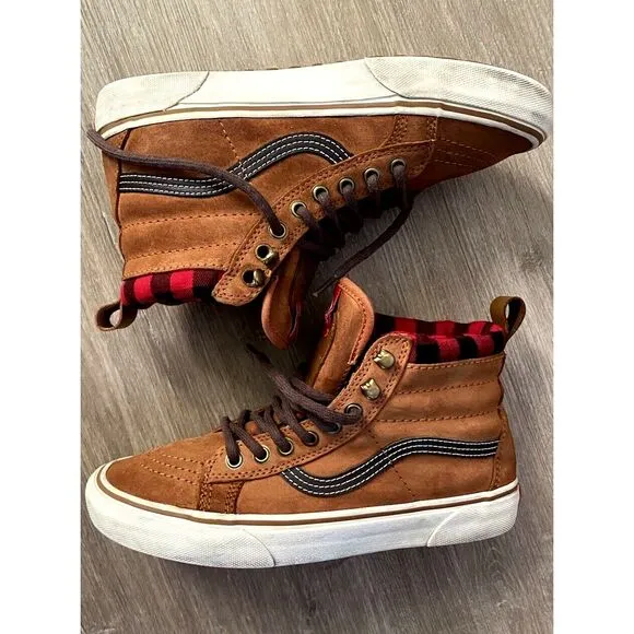 Vans Sk8 Hi All Weather Shoes Boots M 6.5/W 8 Brown Buffalo Plaid Flannel Scotch