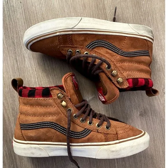 Vans Sk8 Hi All Weather Shoes Boots M 6.5/W 8 Brown Buffalo Plaid Flannel Scotch