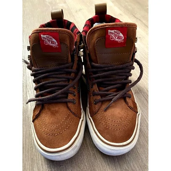 Vans Sk8 Hi All Weather Shoes Boots M 6.5/W 8 Brown Buffalo Plaid Flannel Scotch