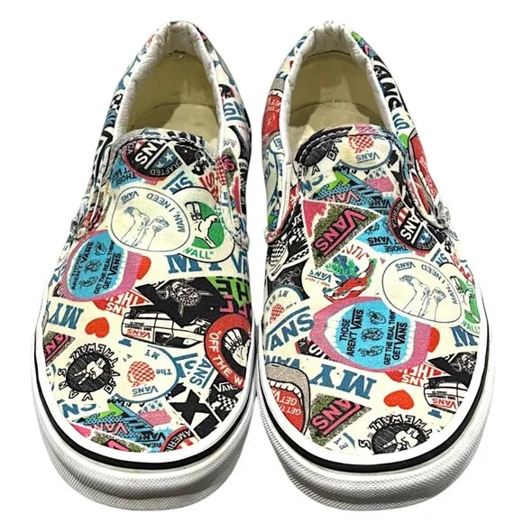 VANS Sticker Mash Up All Over Print Slip On Sneakers Shoes Women's 10.5/ Men's 9