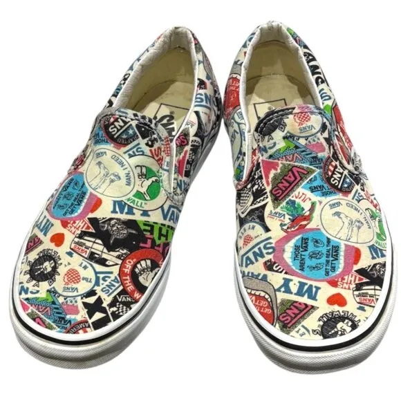 VANS Sticker Mash Up All Over Print Slip On Sneakers Shoes Women's 10.5/ Men's 9
