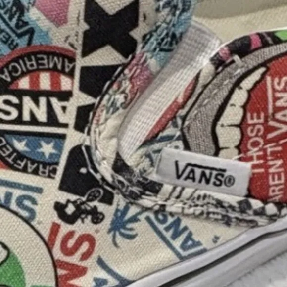 VANS Sticker Mash Up All Over Print Slip On Sneakers Shoes Women's 10.5/ Men's 9